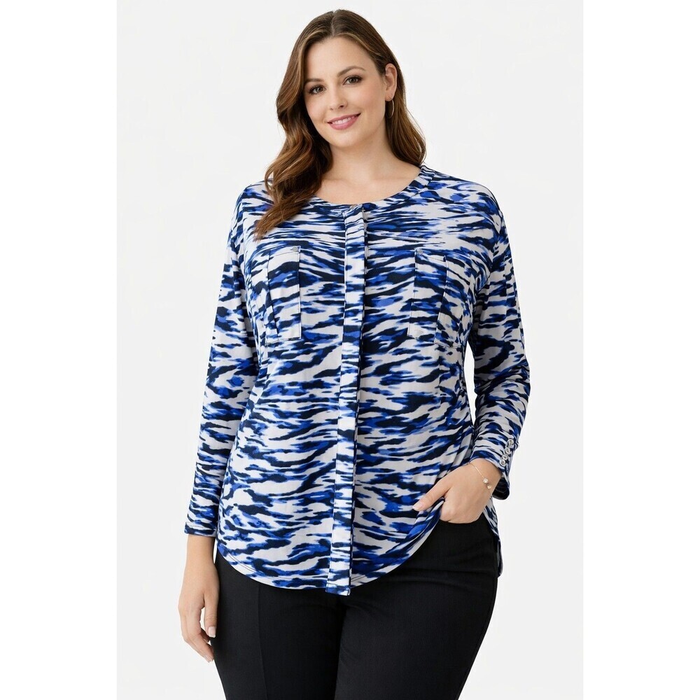 Dana Buchman Women Geometric 3/4 Sleeve Button-Up Shirt Blue Size XL